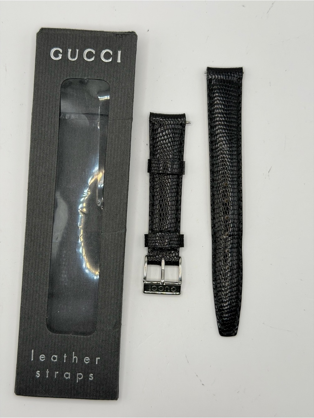 Gucci Black Genuine Lizard Leather Watch Strap with Silver Buckle 14MM
